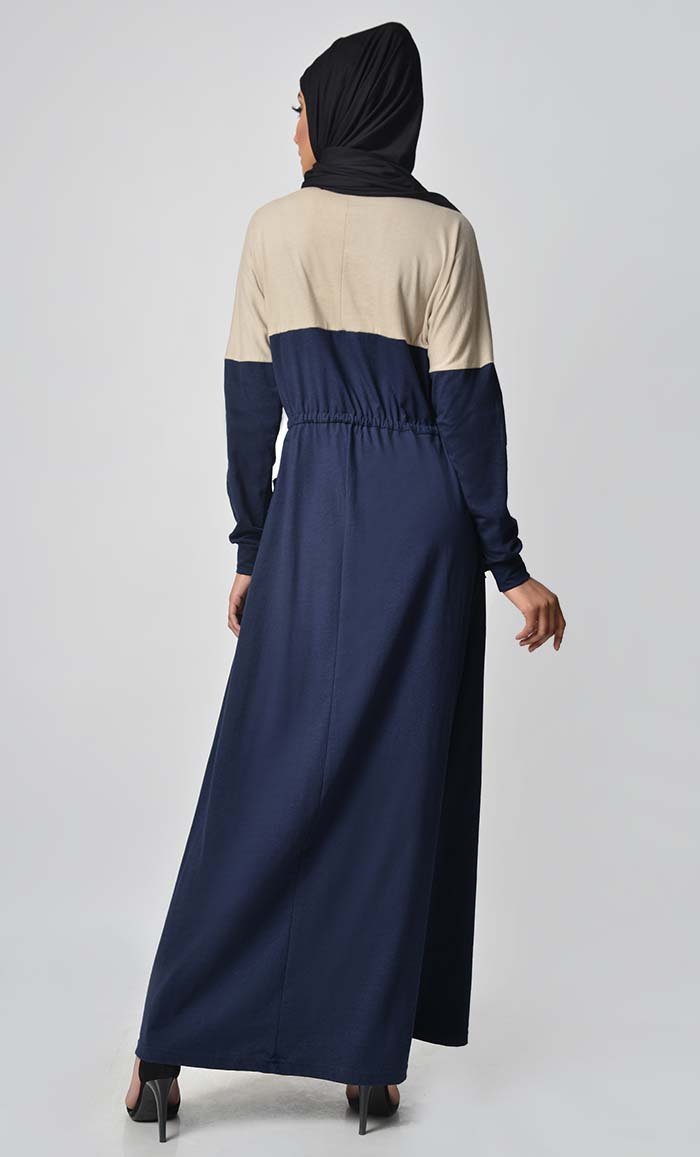 Yoke Colorblocked Jersey Abaya-Navy - EastEssence.com