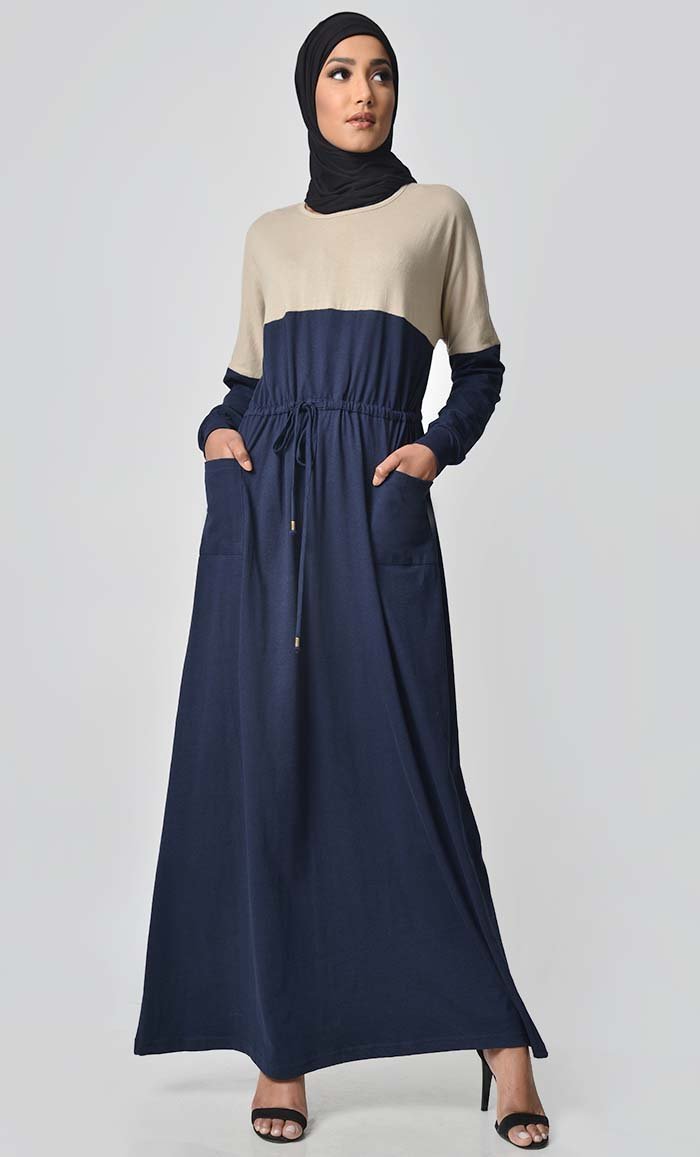 Yoke Colorblocked Jersey Abaya-Navy - EastEssence.com