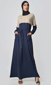 Yoke Colorblocked Jersey Abaya-Navy - EastEssence.com