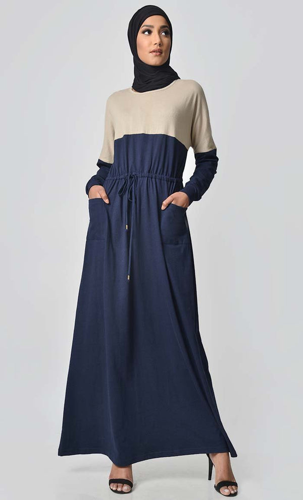 Yoke Colorblocked Jersey Abaya-Navy - EastEssence.com