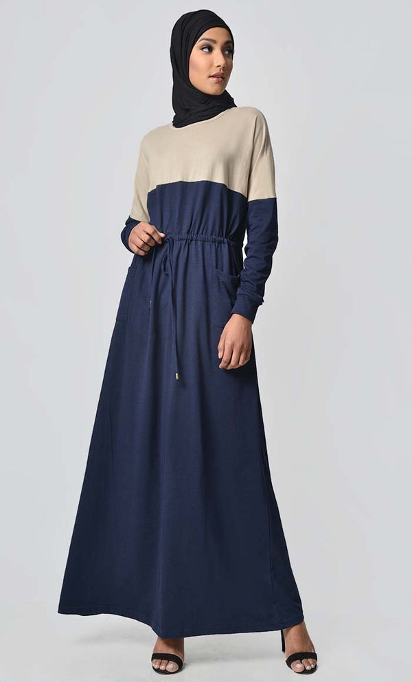 Yoke Colorblocked Jersey Abaya-Navy - EastEssence.com