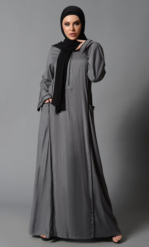 Zipper detail and contrast color trims basic abaya dress - EastEssence.com