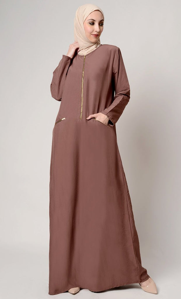 Zipper Detail Casual Muslimah Abaya Dress - EastEssence.com