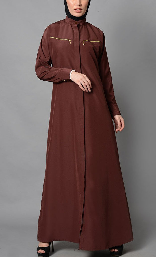 Zipper detail pockets and button down abaya dress - EastEssence.com