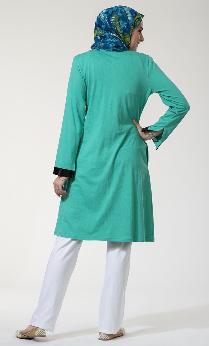 Zipper Front Black Satin Trim Tunic - EastEssence.com