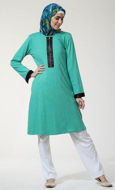 Zipper Front Black Satin Trim Tunic - EastEssence.com