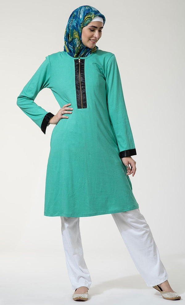 Zipper Front Black Satin Trim Tunic - EastEssence.com