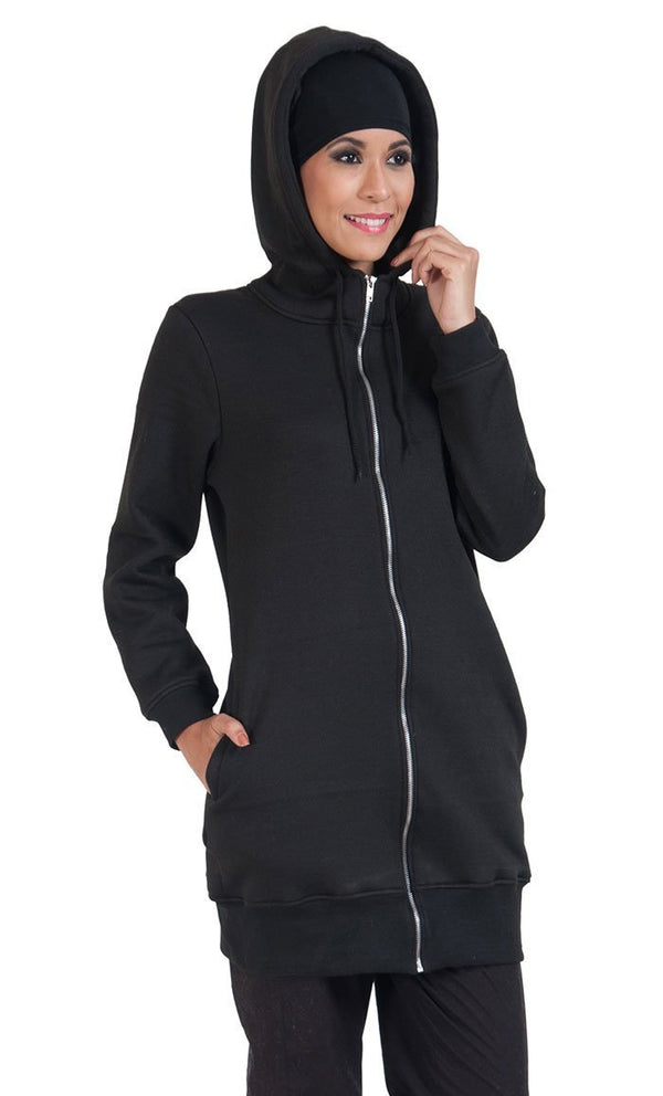 Zipper Front Extra Long Length Hoodie Sweatshirt - EastEssence.com