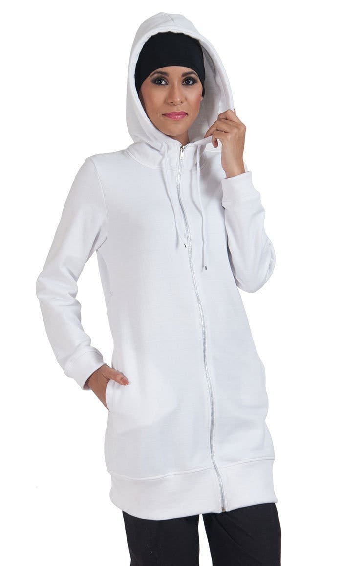 Zipper Front Extra Long Length Hoodie Sweatshirt